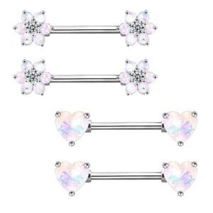 14G 316L Opal Flower and Heart Cubic Zirconia Nipple Rings - 2 Sets